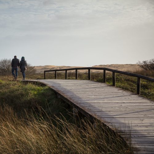 couple-walking-wooden-bridge-surrounded-by-field-hills-sunlight